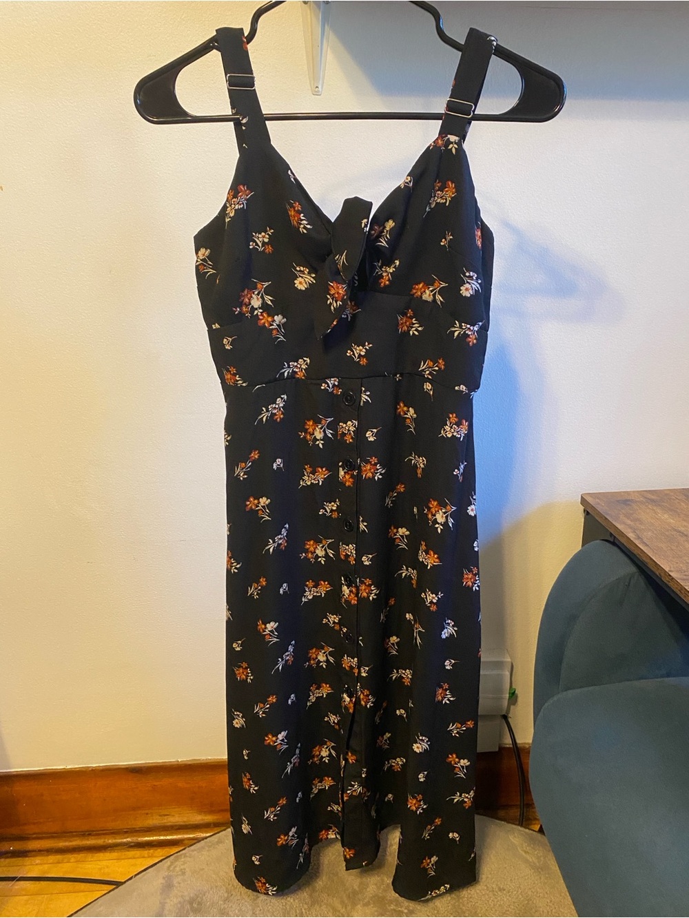 Lulu's Black Floral V-Neck Midi Dress with Orange & White Blooms